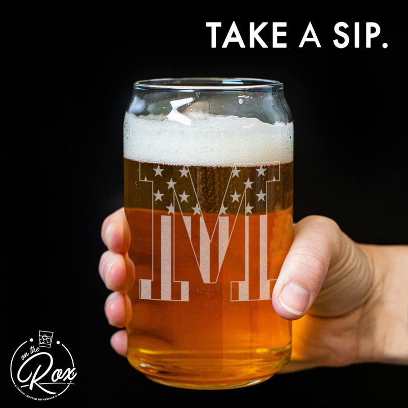 On The Rox Monogram Beer Glasses for Men (A-Z) 16 oz - Beer Gifts for Men Brother Son Dad Neighbor - Unique Gifts for Him - Personalized Drinking Gift Beer Glass Mugs - Engraved Beer Can Glass (M) - Image 5